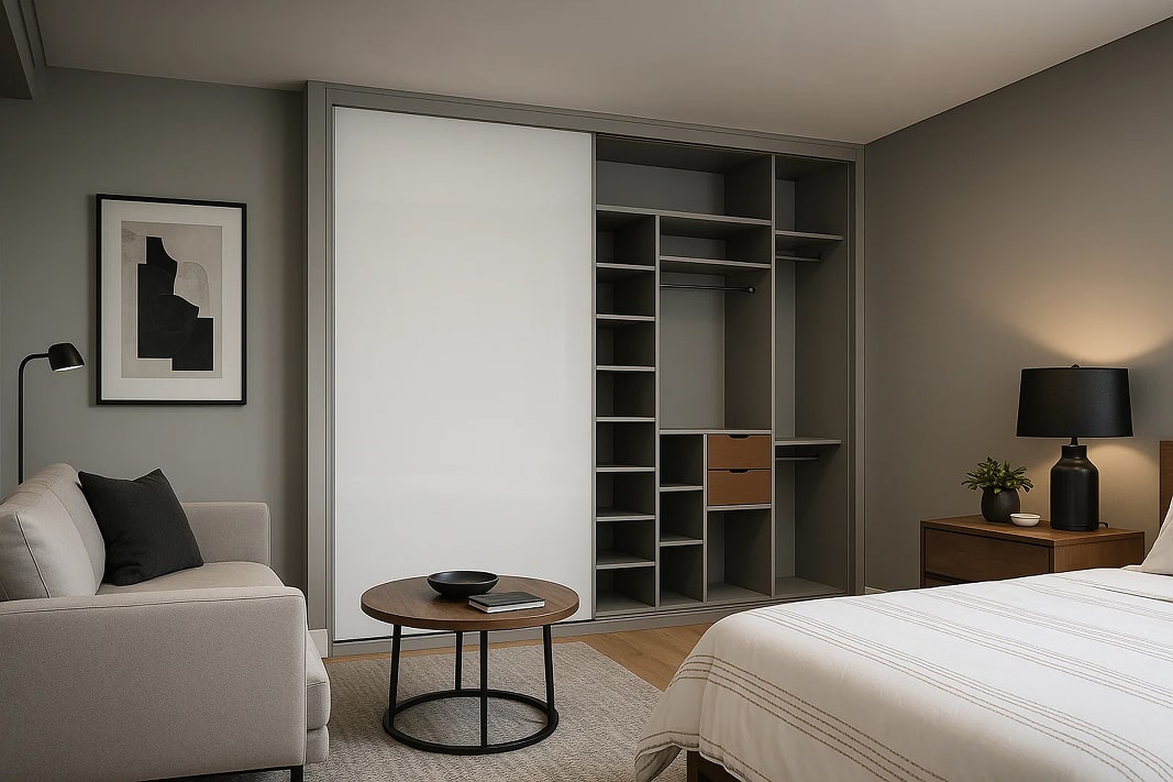placard sur mesure blanc avec étagères en bois