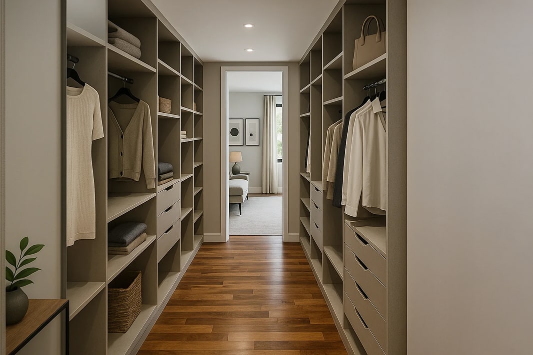 walk in sur mesure en bois foncé avec tiroirs blancs