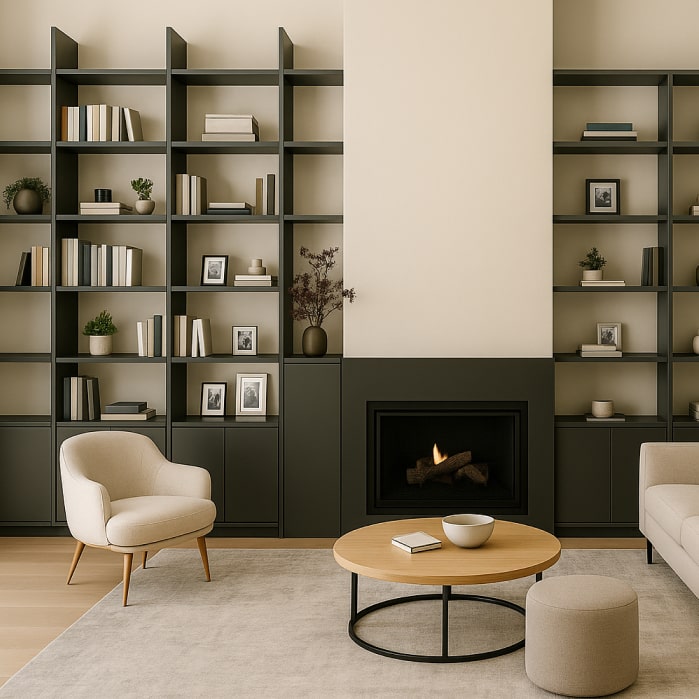 Bibliotheque sur mesure avec couleurs boisées, rouges et blanches
